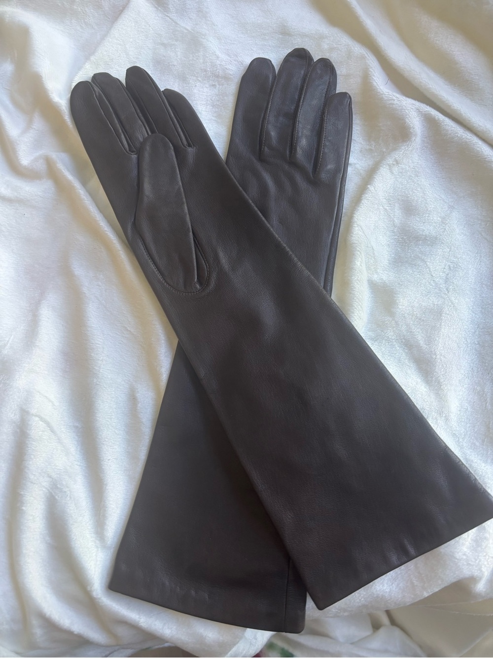 Vintage Long Brown Leather Gloves silk lined driving, prom, opera, theatre 7 1/2